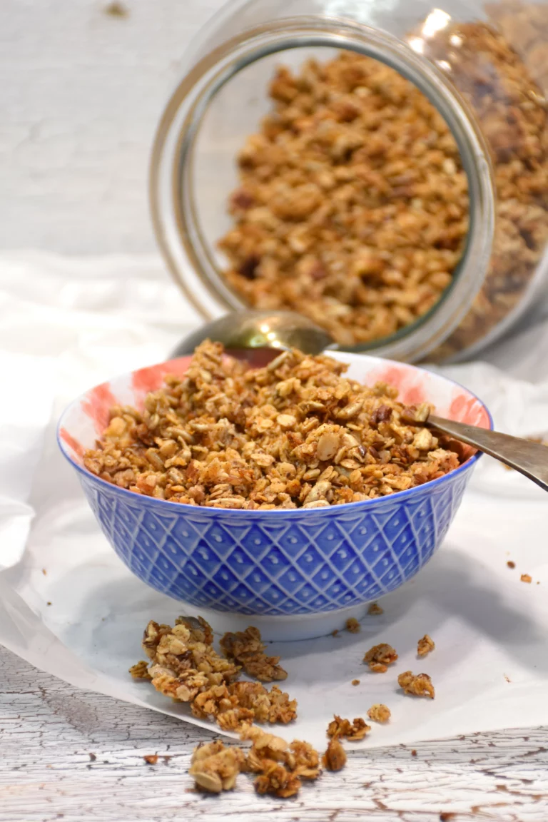 Knuspriges Hafergranola fast fructosefrei in Schüssel mit Löffel.