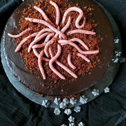 Gruselige Wurmtorte ohne Fructose mit Schokoladeglasur