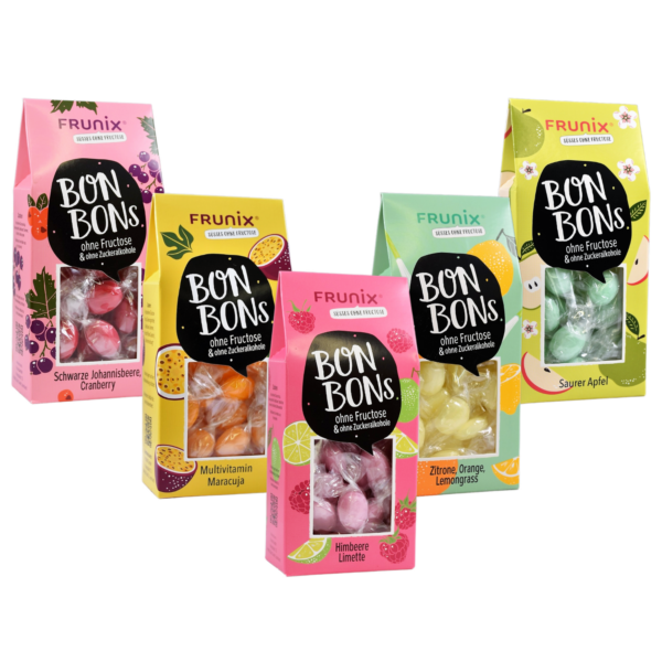 Fruchtbonbons ohne Fructose im 5er Set: Multivitamin-Maracuja, Himbeere-Limette, Johannisbeere-Cranberry, Zitrone-Lemongrass, saurer Apfel 