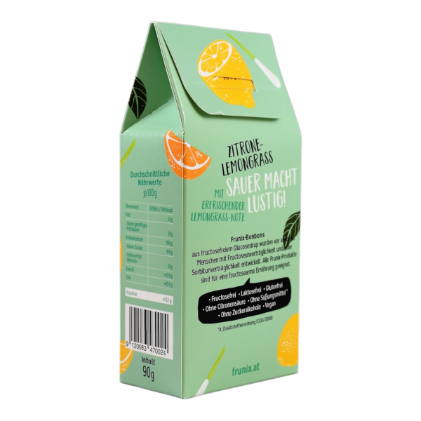 Zitrone-Lemongrass-Bonbons ohne Fructose, in hübscher Giebelbox