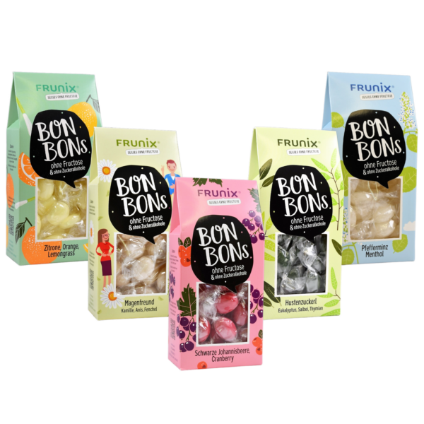 Flavour-Collection, 5 Packungen Bonbons ohne Fructoseim Set, Johannisbeere, Pfefferminze, Hustenbonbon, Zitrone, Magenfreund
