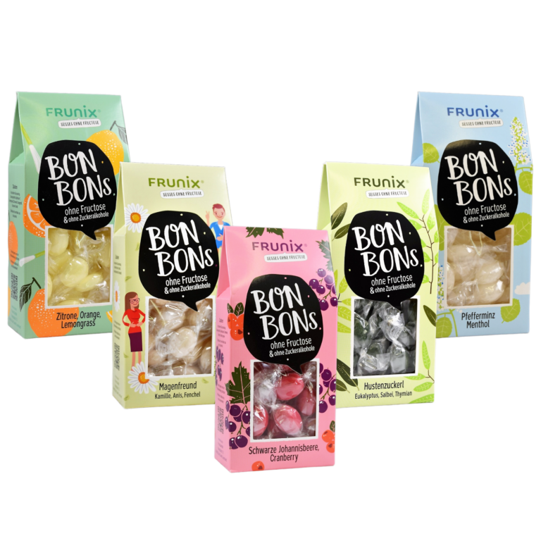 Flavour-Collection, 5 Packungen Bonbons ohne Fructoseim Set, Johannisbeere, Pfefferminze, Hustenbonbon, Zitrone, Magenfreund