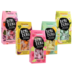 Fruchtbonbons ohne Fructose im 5er Set: Multivitamin-Maracuja, Himbeere-Limette, Johannisbeere-Cranberry, Zitrone-Lemongrass, saurer Apfel