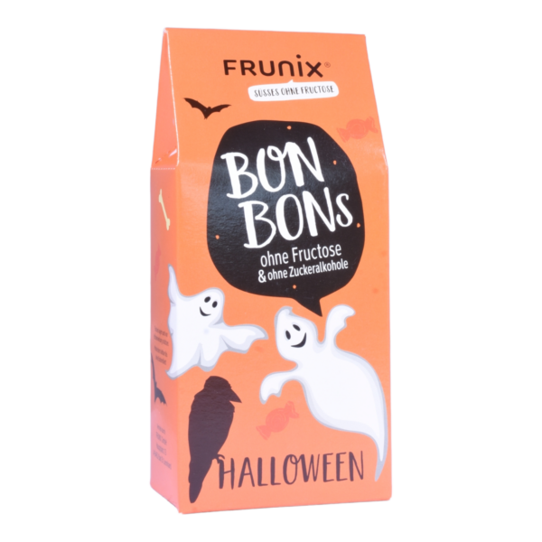 Halloween-Bonbons in schwarzer Packung mit lustigem Gespenst - fructosefreie Bonbons enthalten
