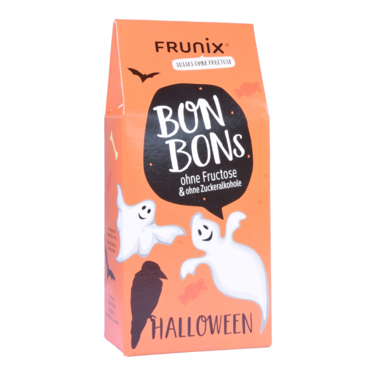 Halloween-Bonbons in schwarzer Packung mit lustigem Gespenst - fructosefreie Bonbons enthalten