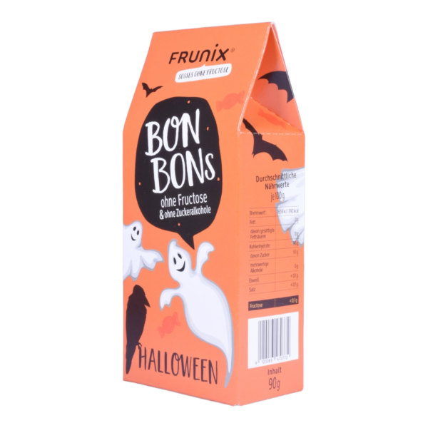 Halloween-Bonbons in schwarzer Packung mit lustigem Gespenst - fructosefreie Bonbons enthalten