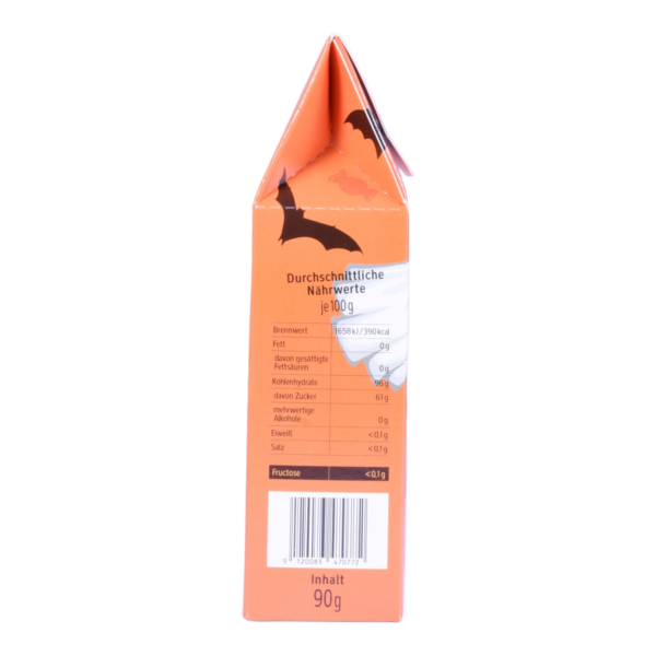 Halloween-Bonbons in schwarzer Packung mit lustigem Gespenst - fructosefreie Bonbons enthalten