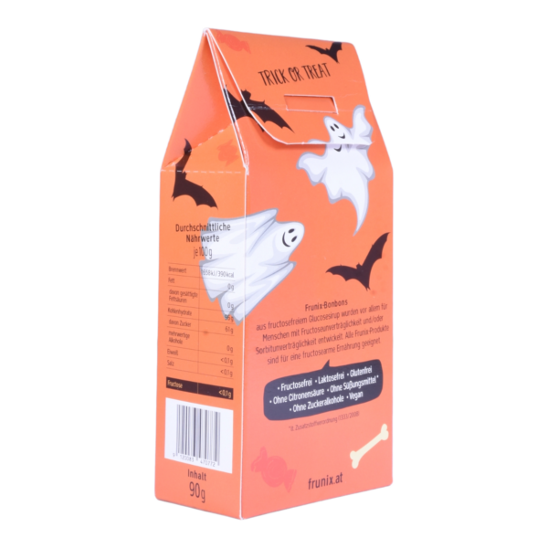 Halloween-Bonbons in schwarzer Packung mit lustigem Gespenst - fructosefreie Bonbons enthalten