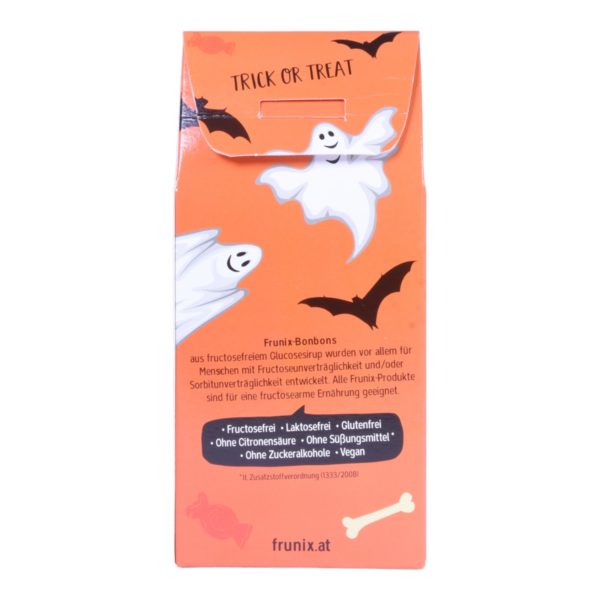 Halloween-Bonbons in schwarzer Packung mit lustigem Gespenst - fructosefreie Bonbons enthalten