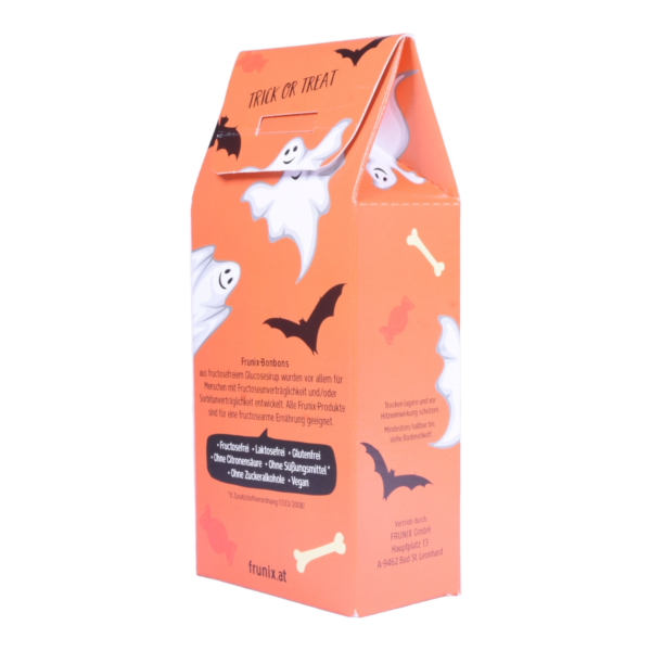 Halloween-Bonbons in schwarzer Packung mit lustigem Gespenst - fructosefreie Bonbons enthalten